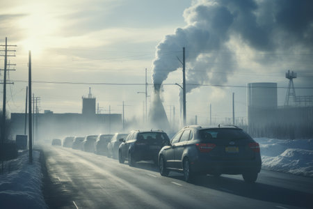 Air pollution caused by vehicle emissions in urban areas during winter primarily due to the smoke reの素材