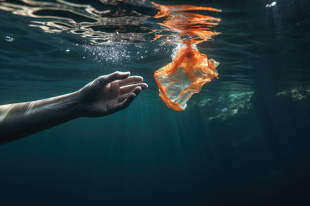 A volunteer s hand is removing a floating plastic item in the ocean depicting the problem of plasticの素材