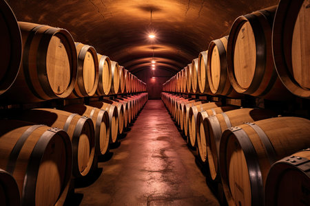 Aging high end French wine in oak barrels in Burgundy cavesの素材