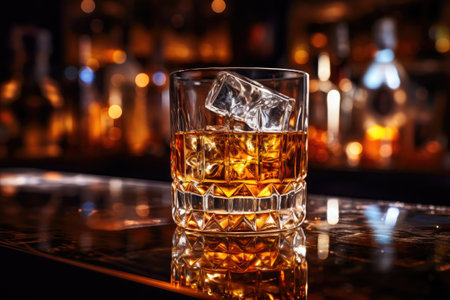 A reflection of a cocktail in a vintage glass on a bar counter surrounded by ice cubes bitters filleの素材