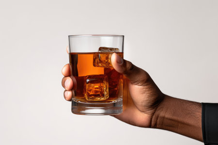 Alcohol sampling with a glass held over white background for ads on party and holidaysの素材