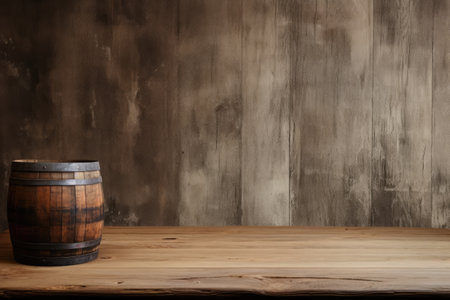 Barrel and table with old wood in the backgroundの素材