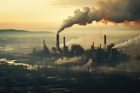 A metallurgical plant at daybreak releasing smoke and smog into the air causing environmental pollutの素材