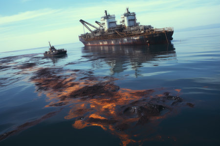 An oil leakage from a ship caused contamination of the water surface leading to water pollution dueの素材