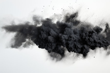 Charcoal particles in black color scatter across a white surface representing the presence of air poの素材