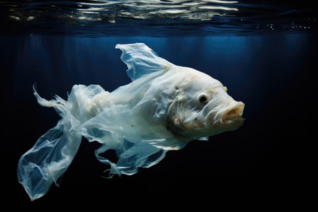 The environment concept is illustrated by a fish gracefully navigating through a sea of plastic bagsの素材