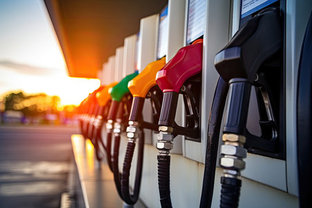 Colorful filling nozzles for fuel pumps are separated from the white background A gas station is opeの素材