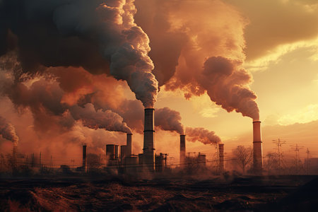 Factory chimneys release pollutants into the air tarnishing the beauty of a sunset and contributingの素材
