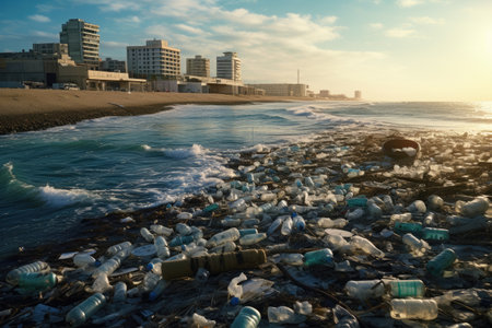 Litter scattered across the beach in a bustling metropolis Discarded soiled plastic bottles lay abanの素材