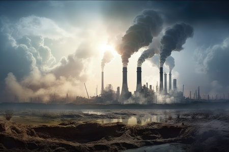 Factory releases detrimental emissions into the air causing pollution in the atmosphereの素材
