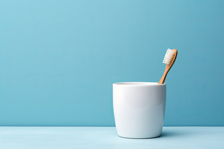 On a blue background with ample space for text there is a composition featuring a single wooden bambの素材