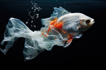 The environment concept is illustrated by a fish gracefully navigating through a sea of plastic bagsの素材