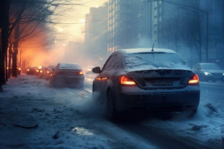 Pollution caused by car emissions in urban areas during the winter particularly the smoke emitted frの素材