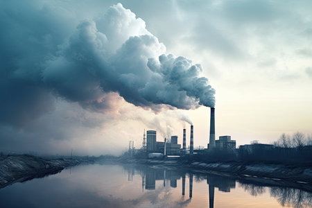 Pollution caused by emissions released from a factory s smoke stack during productionpgの素材