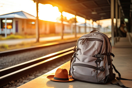 The image portrays the essence of backpacking travel as it captures a scene at sunset in a train staの素材