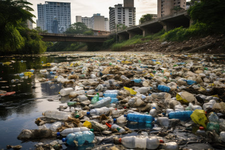 Plastic waste that has been thrown away is contaminating a river in a city parkの素材
