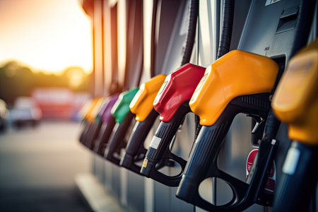 Colorful filling nozzles for fuel pumps are separated from the white background A gas station is opeの素材