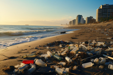 Litter scattered across the beach in a bustling metropolis Discarded soiled plastic bottles lay abanの素材