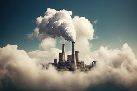 The perspective of the power plant during the day with smoke billowing out of the chimneyの素材