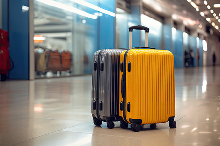Travel Style Detailed Image of Two Synthetic Suitcases Positioned in a Vacant Corridor at an Airportの素材