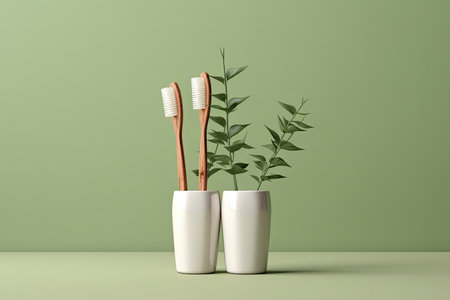 Mockup of toothbrushes made from environmentally friendly bamboo and toothpaste tubes with empty spaの素材