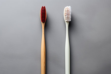 Two toothbrushes one with fresh bristles and another with worn bristles are separated on a gray backの素材