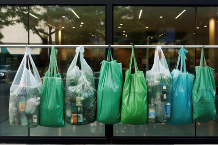 Green plastic bags are featured on a campaign banner promoting the practice of reduce reuse and recyの素材