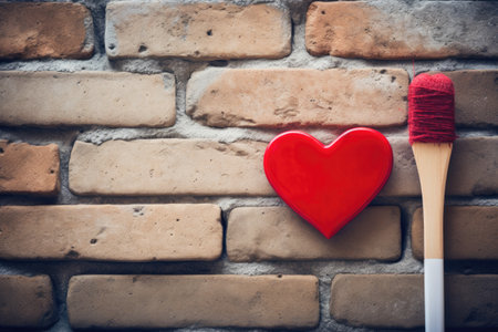 The image portrays a brick wall in the background with a red heart on it symbolizing love and Valentの素材