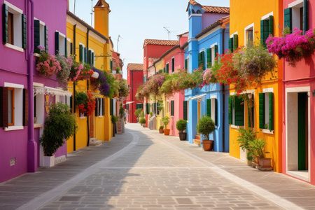 Vibrantly colored streets can be found in Burano a picturesque location close to Venice in Italyの素材