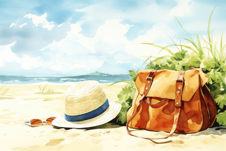 On a tropical beach there are a straw hat bag sunglasses and flip flopsの素材