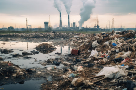 The expansive landfill stretches alongside the river with towering piles of garbage juxtaposed againの素材