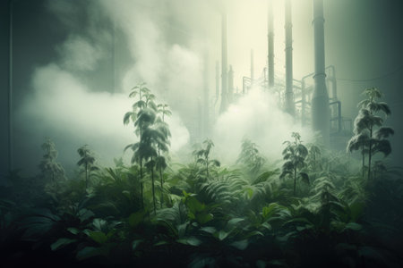The plant releases smoke into the air through its pipes creating a hazy mist and adding pollutants tの素材
