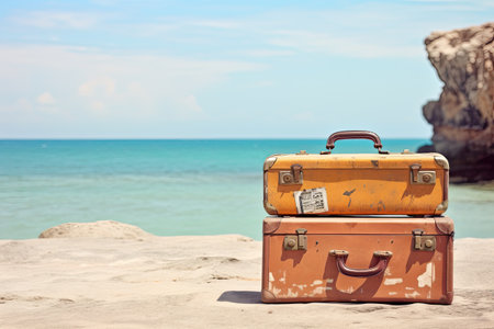 The idea of summer travel portrayed by an aged suitcase against a blurry beach backdropの素材