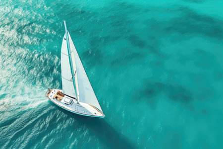 Top view of a yacht gliding on the surface of the water The backdrop consists of turquoise colored wの素材