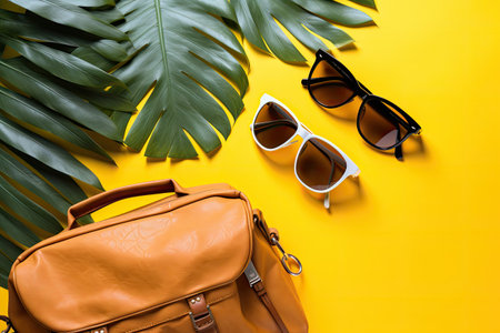 Top down view of travel essentials arranged neatly on a vibrant yellow backdrop alongside a tropicalの素材