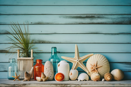 beach items placed on a wooden plankの素材