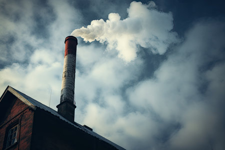 chimney emitting smoke reaching towards the skyの素材