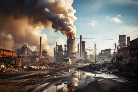 Urban industrial environment with visible emissions of smoke from a pipe factory causing environmentの素材