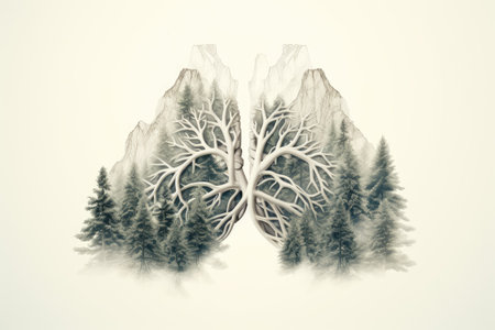 The outline of the lungs contrasting with a mountain scenery symbolizing the essential role of treesの素材