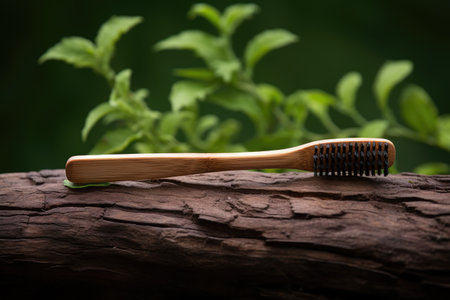 Toothbrush made from bamboo wood with dark bristlesの素材