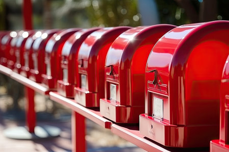 American style mailbox with glossy red finish and blurred background for mailの素材