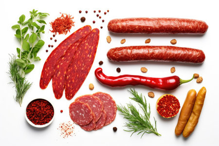 Assorted sausages salami and smoked meat with basil and spices on a white background as seen from abの素材