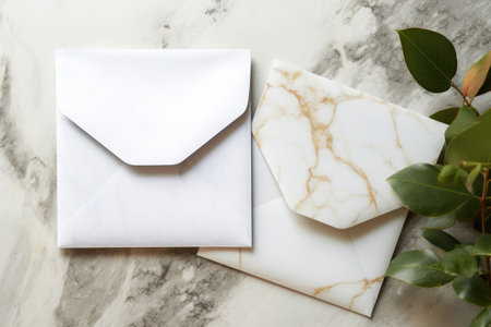 Blank paper envelopes on marble background holiday mail design conceptの素材