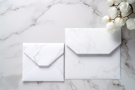 Blank paper envelopes on marble background holiday mail design conceptの素材