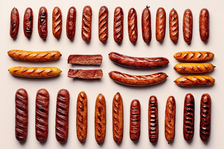 Assortment of delicious grilled sausages on white backgroundの素材
