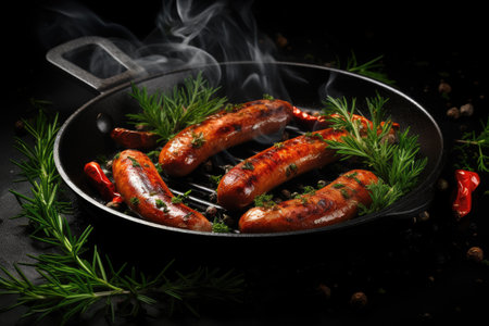 Delicious grilled sausages on a dark background with a frying panの素材
