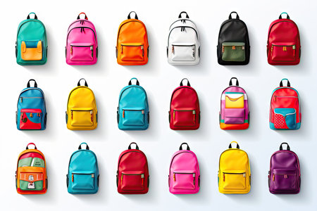 Bright school stationery on white background banners of backpack setsの素材