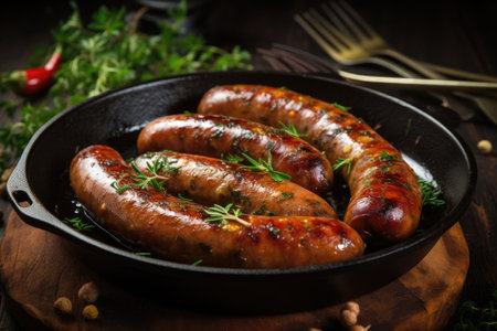 Close up of grilled sausages on a pan seasoned with herbs and spices against a wooden backgroundの素材
