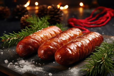 Christmas sausages on a stone background adorned with trees decorations and giftsの素材