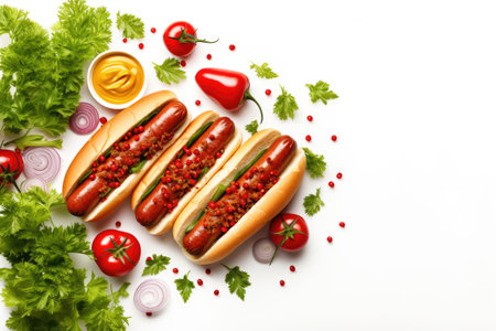 Ingredients for DIY hot dogs sausages buns mustard ketchup cucumber White background Top viewの素材